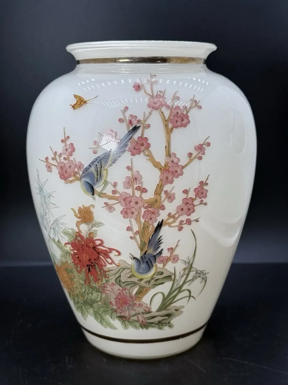 Vintage Large Oriental Glass Vase Blue Birds Cherry Blossoms Butterfly Gold Trim